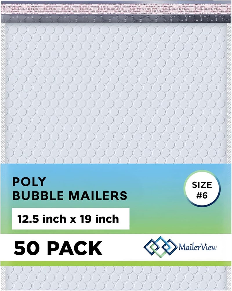 MAILERVIEW White 12.5x19.5 Inch Large Poly Bubble Mailers #6 | Padded Envelopes with Self Seal | Air Lined Cushioned Bubble Mailer | Usable Size 12.5x15 | 50 Pack Bulk | Lightweight shipping Bags | Made in USA - Image 1
